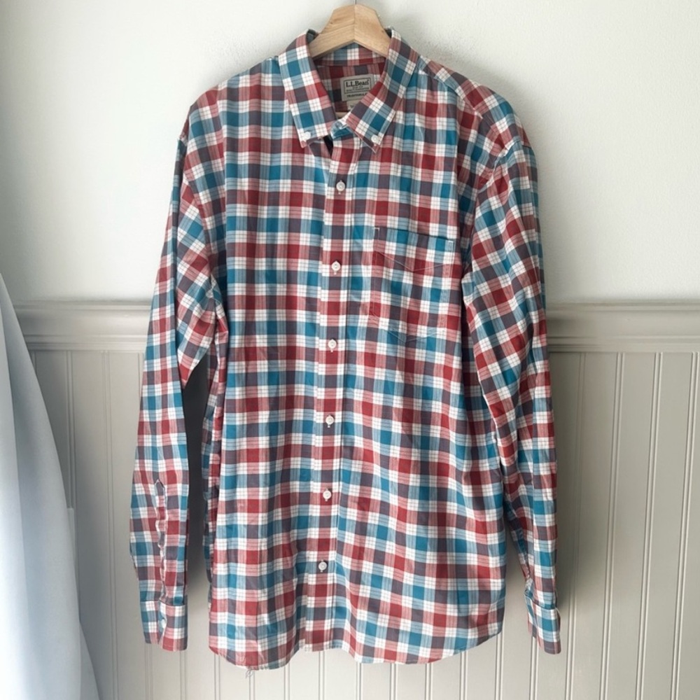 L.L. Bean Men’s Large Red and Blue Plaid Casual Button Down Shirt